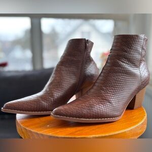 Pointed Brown Faux-Reptile Ankle Booties with Block Heel